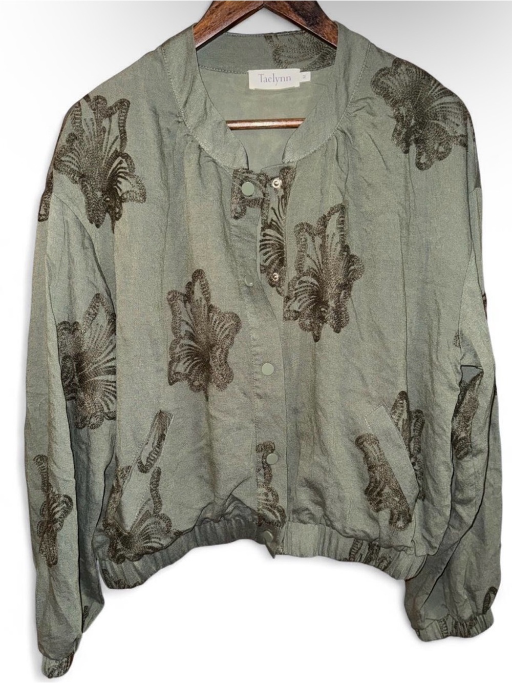 Taelynn Olive Green Floral Embroidered Snap-Front Bomber